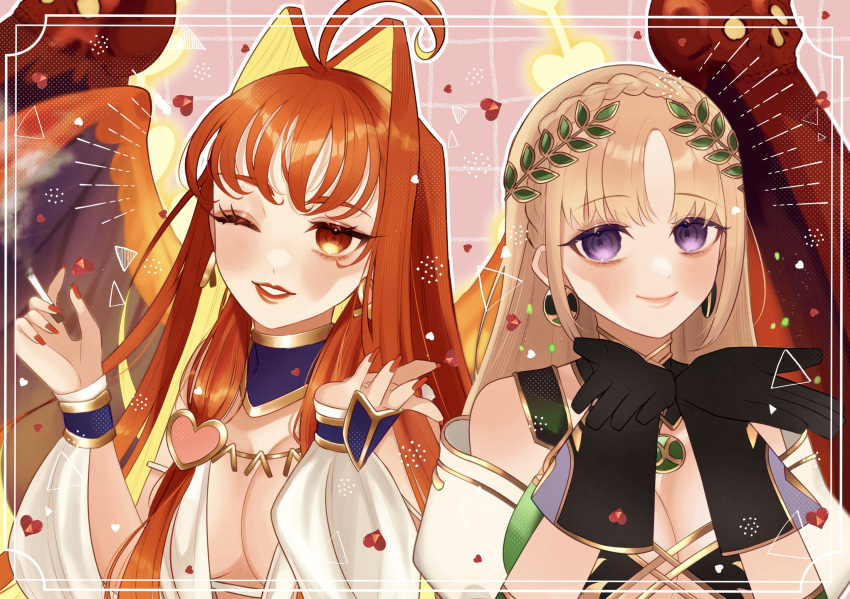 2girls aphrodite_(fate) arms_on_head bikini blonde_hair braid braided_ponytail cigarette crown_braid demeter_(fate) dress earrings fate/grand_order fate_(series) green_bikini hair_intakes heart heart_earrings highres jewelry looking_at_viewer multicolored_hair multiple_girls multiple_wings noa_pisces orange_eyes red_wings smile swimsuit two-tone_hair white_dress wings