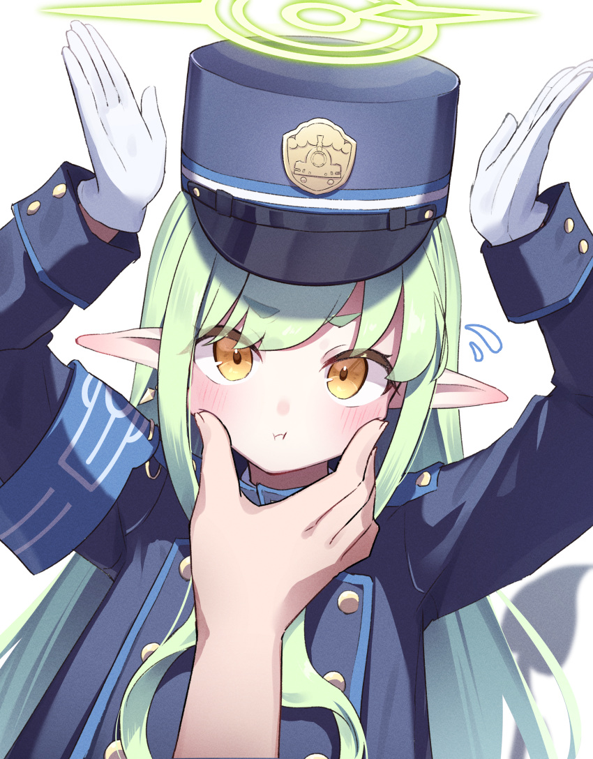 1girl :i absurdres armband arms_up blue_archive blue_armband blue_shirt buttons commentary_request demon_tail double-breasted fingers_on_another's_face flying_sweatdrops gloves green_hair green_halo halo hat highlander_sidelocks_conductor_(blue_archive) highres kry_oekk long_hair long_sleeves looking_at_viewer peaked_cap pointy_ears pov pov_hands shirt sidelocks simple_background solo_focus tail upper_body white_background white_gloves yellow_eyes