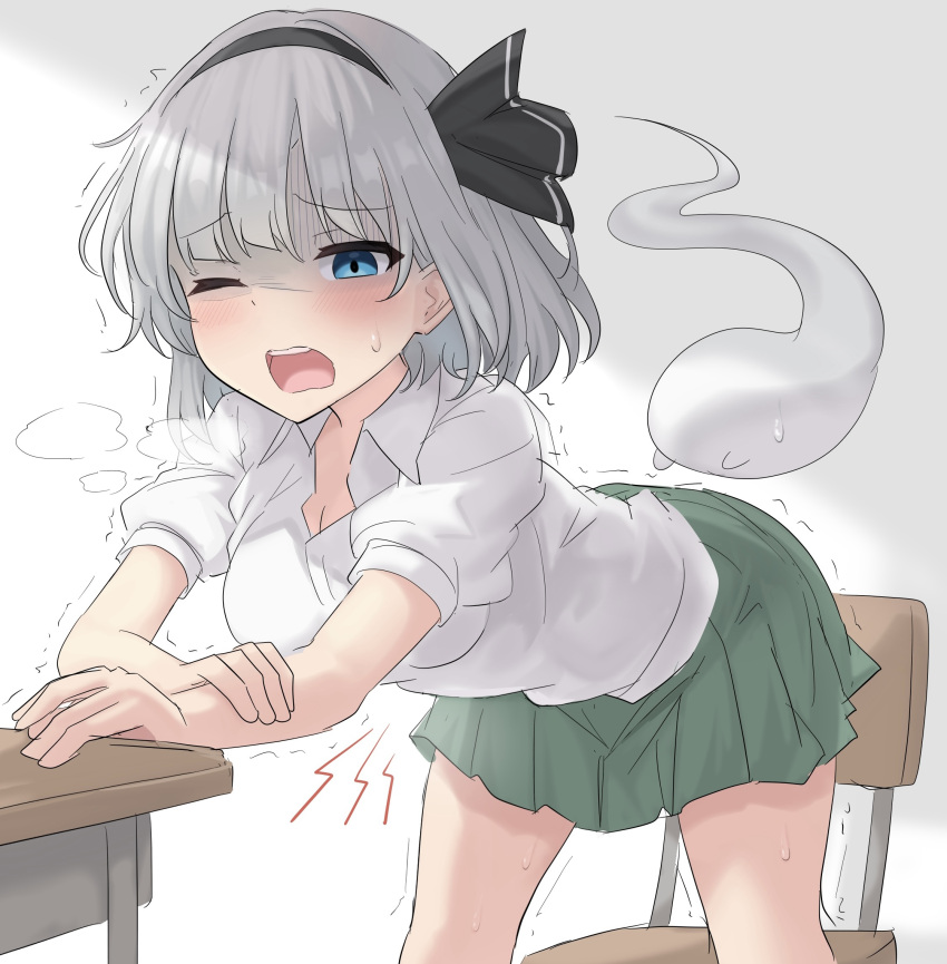 1girl bent_over black_bow black_hairband black_ribbon blue_eyes blush bob_cut bow breasts breath chair cleavage collared_shirt commentary cowboy_shot desk dress_shirt gloom_(expression) green_skirt grey_hair hair_bow hair_ribbon hairband hand_on_own_arm hand_on_table highres konpaku_youmu konpaku_youmu_(ghost) leaning_forward medium_breasts notice_lines one_eye_closed open_mouth pain pleated_skirt raised_eyebrows ribbon school_chair school_desk shaded_face shirt short_hair skirt solo stomach_ache sweatdrop teeth touhou trembling upper_teeth_only white_background white_shirt youmu-kun