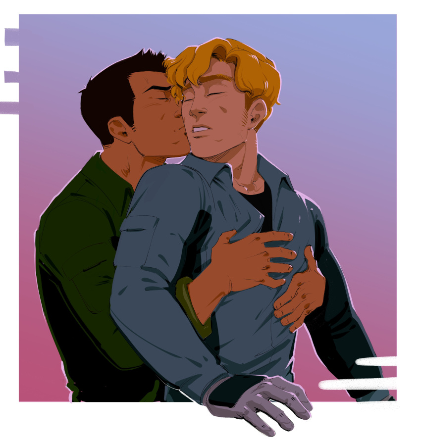 2boys absurdres ao_isami black_hair blonde_hair cheekbones closed_eyes couple facial_hair from_side hand_on_another's_chest highres hug inset_border interracial kiss kissing_cheek lewis_smith male_focus medium_sideburns multiple_boys pretentiousfork sideburns_stubble stubble thick_eyebrows upper_body yaoi yuuki_bakuhatsu_bang_bravern