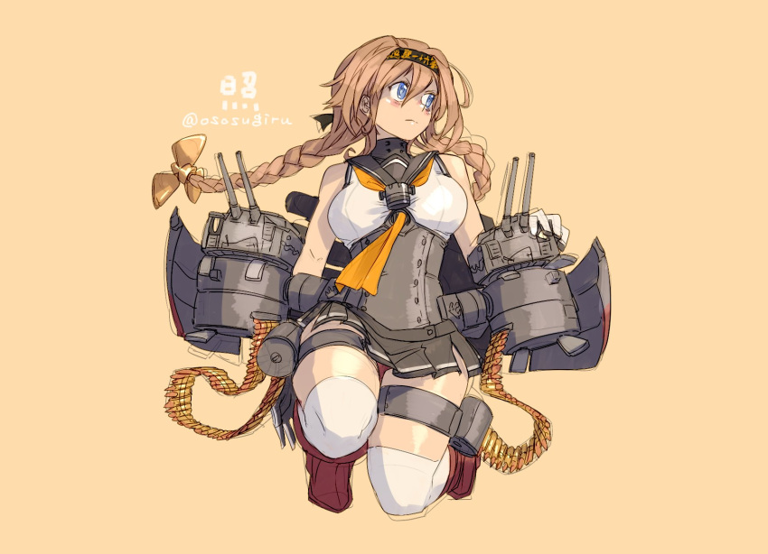 blue_eyes braid breasts bullet chou-10cm-hou-chan_(teruzuki's) hachimaki hair_ornament headband highres kantai_collection light_brown_hair medium_breasts miniskirt oso_(toolate) over-kneehighs panties pantyshot propeller_hair_ornament red_panties simple_background skirt sleeveless teruzuki_(kancolle) thighhighs twin_braids twitter_username underwear