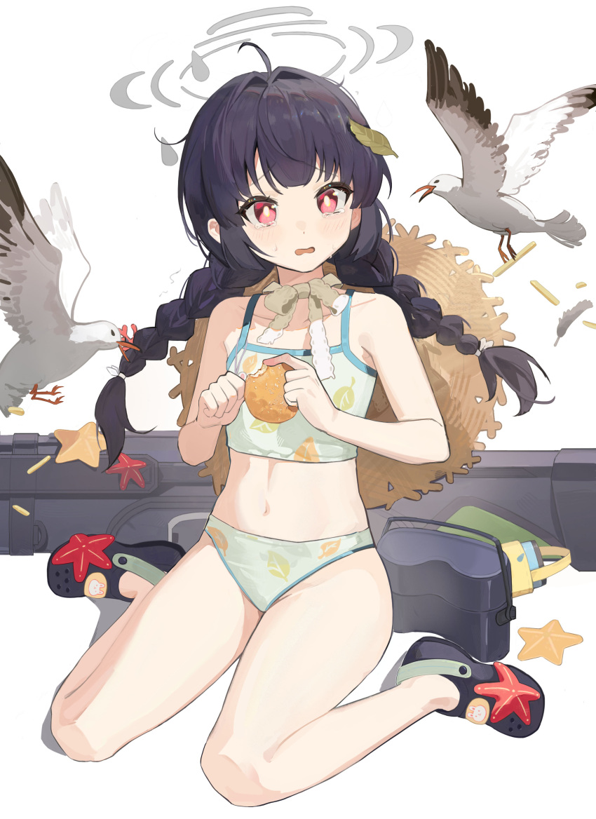 1girl absurdres ahoge animal bare_arms bare_legs bare_shoulders bikini bird black_footwear black_hair blue_archive blush boller_jiang braid crocs grey_halo halo highres leaf_print long_hair miyu_(blue_archive) miyu_(swimsuit)_(blue_archive) official_alternate_costume official_alternate_hairstyle open_mouth print_bikini red_eyes seagull simple_background solo starfish swimsuit tears twin_braids white_background white_bikini