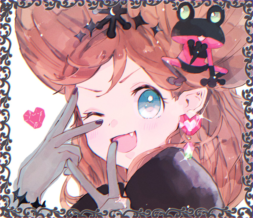 1girl animal black_nails chocolat_meilleure close-up double_bun double_v duke_(sugar_sugar_rune) earrings fangs frog hair_bun hano_luno heart heart_earrings highres jewelry long_hair looking_at_viewer one_eye_closed open_mouth orange_hair pointy_ears see-through_gloves smile solo sugar_sugar_rune v