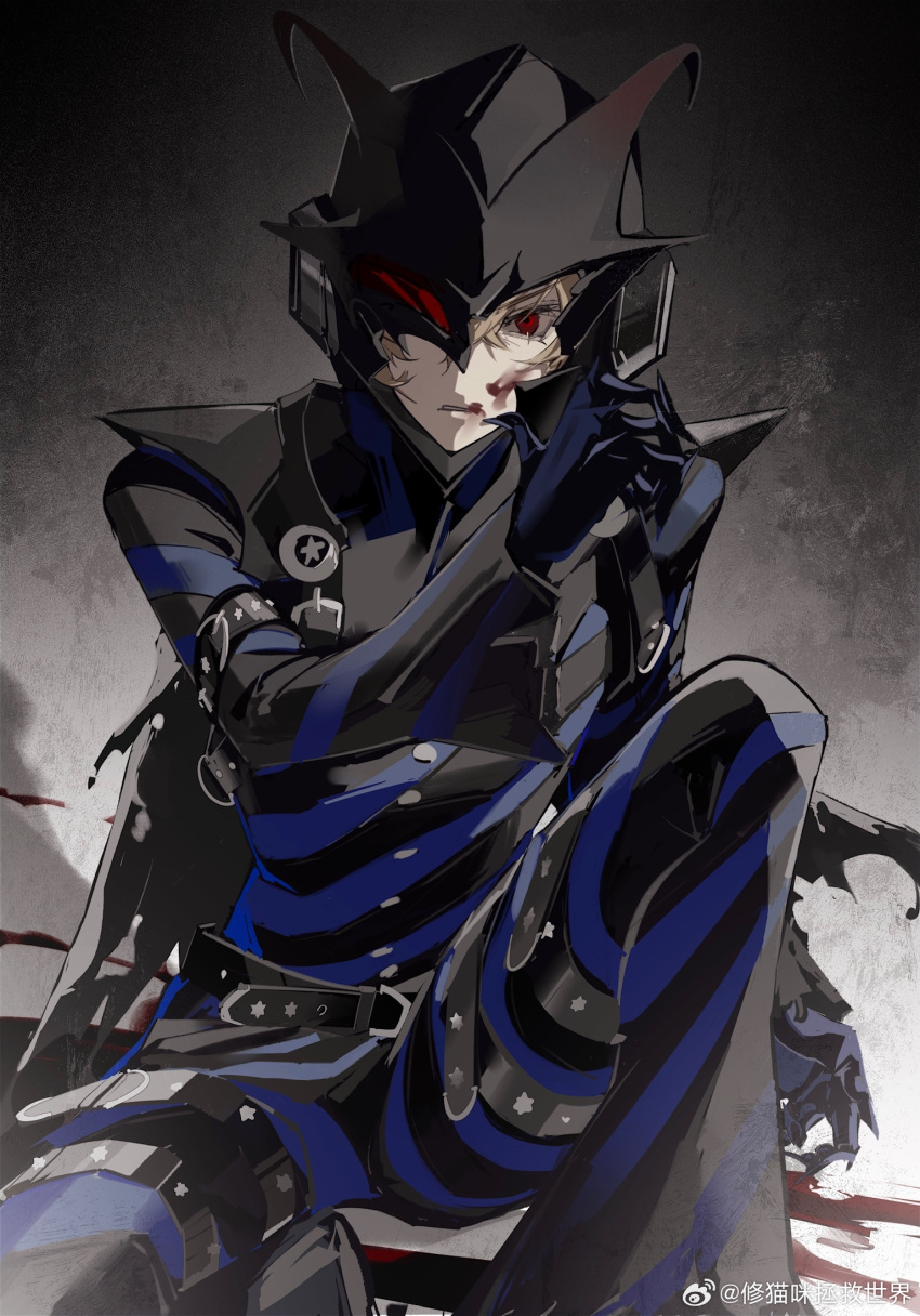 1boy akechi_gorou arm_at_side arm_belt armor artist_name belt black_belt black_cape black_mask blood blood_on_face blood_splatter blue_jacket blue_pants broken_mask brown_hair cape cracked_mask fake_horns hair_between_eyes hand_up helmet highres horned_helmet horns jacket knee_up looking_at_viewer male_focus mask multiple_belts null_321 one_eye_covered pants parted_lips persona persona_5 red_eyes short_hair solo striped_clothes striped_jacket striped_pants thigh_belt thigh_strap torn_cape torn_clothes watermark weibo_logo weibo_username wiping_blood