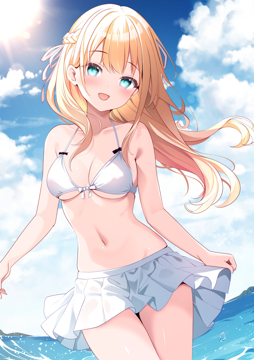 1girl :d absurdres aqua_eyes bikini bikini_skirt blonde_hair blue_sky blush braid breasts cloud commentary_request cowboy_shot day floating_hair hair_between_eyes heaven_burns_red highres long_hair looking_at_viewer navel ocean origami_aya outdoors pleated_skirt skirt sky small_breasts smile solo standing sun swimsuit toujou_tsukasa white_bikini