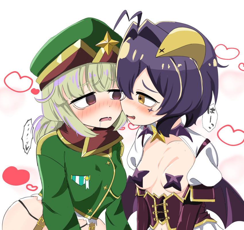 2girls araga_kiwi blonde_hair blush breastless_clothes breasts green_hat heart highres hiiragi_utena leoparde_(mahou_shoujo_ni_akogarete) magia_baiser mahou_shoujo_ni_akogarete military_uniform multiple_girls orange_eyes purple_hair red_eyes small_breasts uniform white_background yuri