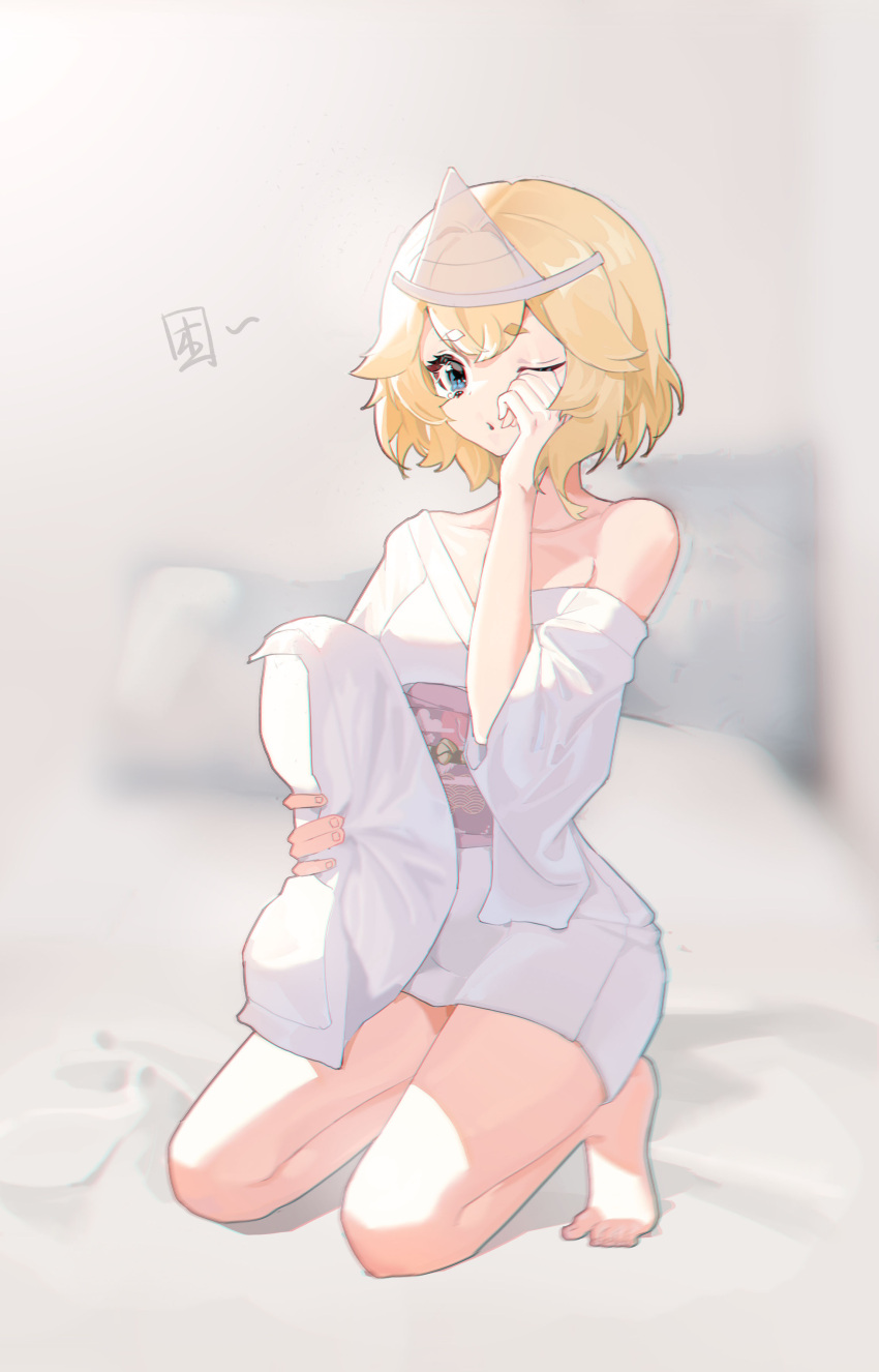 1girl absurdres bare_legs barefoot bed_sheet blonde_hair blue_eyes blurry blurry_background boller_jiang chromatic_aberration collarbone crossed_bangs floral_print hair_between_eyes hair_intakes highres holding holding_pillow japanese_clothes kimono kimono_skirt kneeling looking_at_viewer obi on_bed one_eye_closed parted_lips pillow purple_sash rubbing_eyes sash shachiku-san_wa_youjo_yuurei_ni_iyasaretai. short_hair sidelocks single_off_shoulder tearing_up thick_eyebrows white_kimono yuurei-chan