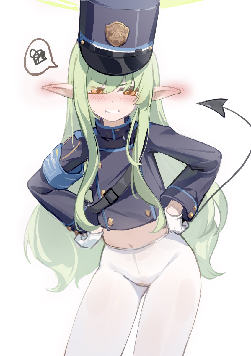 1girl absurdres black_hat black_jacket black_tail blue_archive blush clenched_teeth cowboy_shot demon_tail gloves green_hair green_halo halo hat highlander_sidelocks_conductor_(blue_archive) highres jacket long_hair long_sleeves pantyhose peaked_cap pointy_ears saw272 simple_background solo spoken_squiggle squiggle tail teeth white_background white_gloves white_pantyhose yellow_eyes
