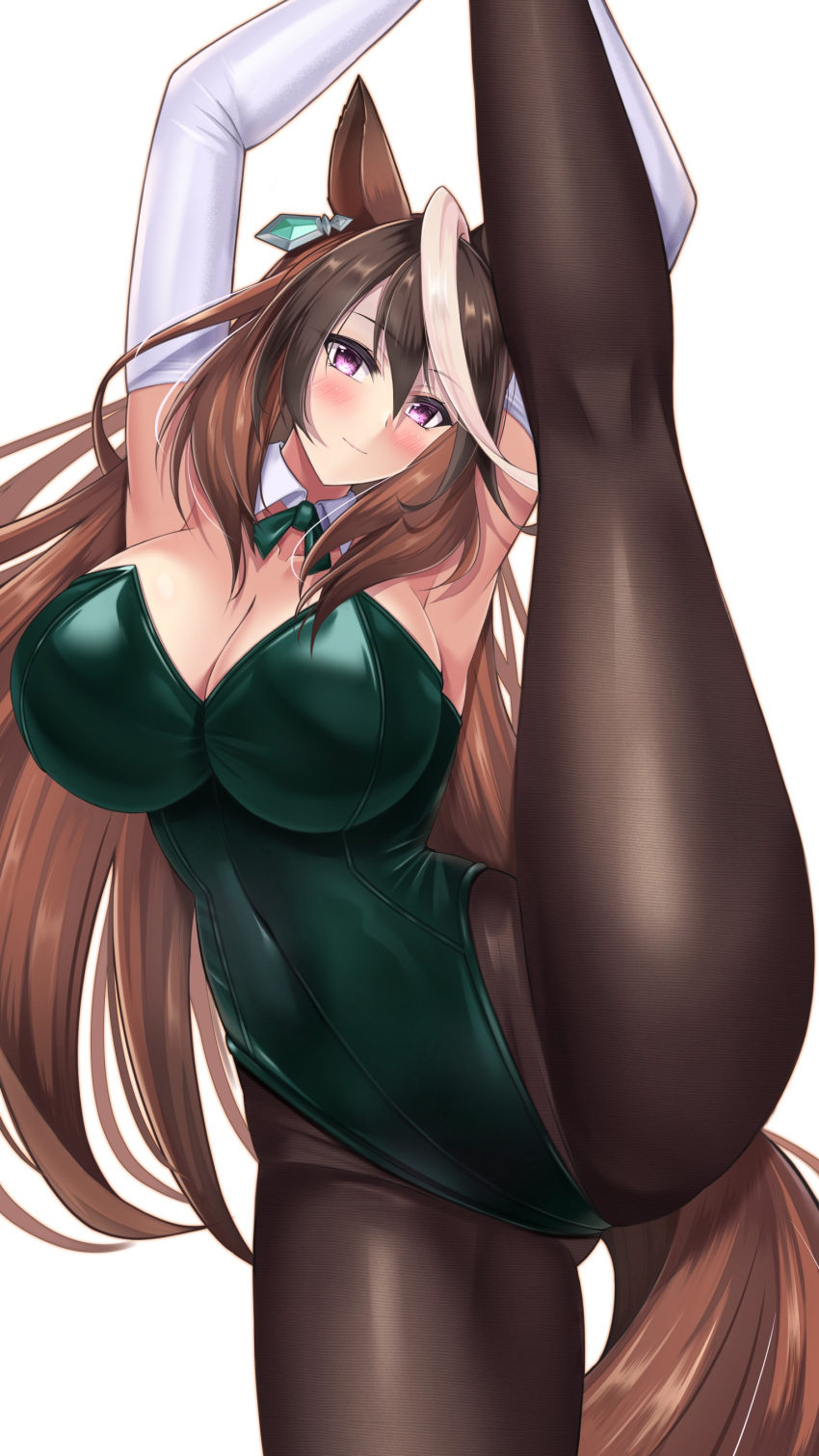 1girl absurdres animal_ears bare_shoulders bow bowtie breasts brown_hair cela_f cleavage detached_collar elbow_gloves gloves highres horse_ears horse_girl horse_tail large_breasts leotard long_hair multicolored_hair pantyhose playboy_bunny purple_eyes smile solo split standing standing_on_one_leg standing_split strapless strapless_leotard streaked_hair symboli_rudolf_(umamusume) tail umamusume white_hair