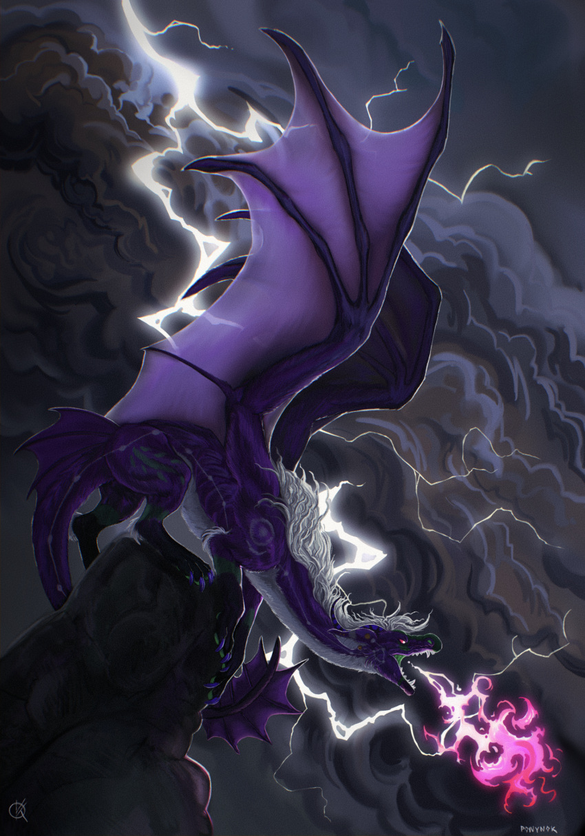 ambiguous_gender angry breath_powers claws cloud cloudy_sky digital_media_(artwork) digital_painting_(artwork) dragon electricity elemental_manipulation feral fire fire_breathing fire_manipulation green_markings hair hi_res horn lightning markings membrane_(anatomy) membranous_wings mythological_creature mythological_scalie mythology night ponynok purple_body purple_markings scalie sky solo storm tail white_hair white_markings wings