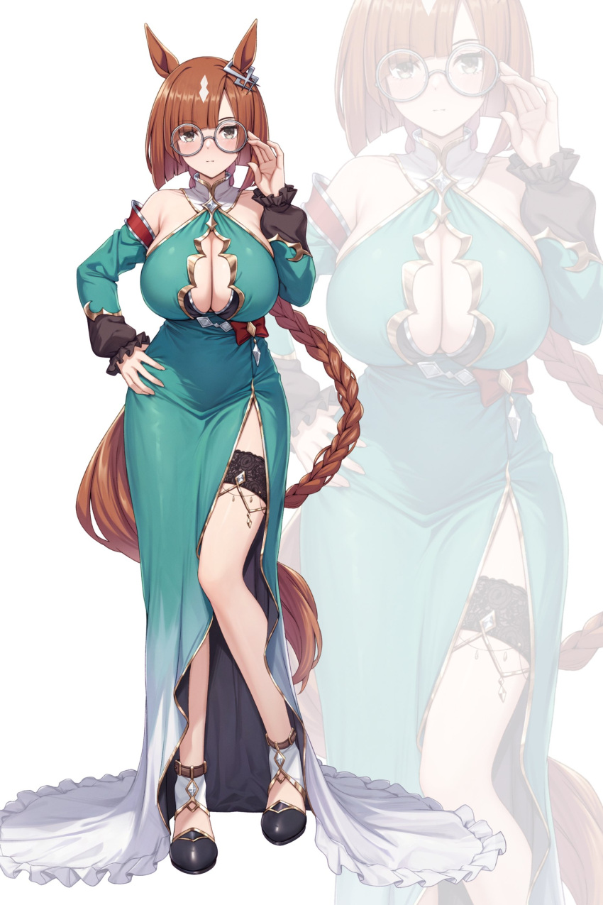 1girl absurdres animal_ears braid braided_ponytail breasts cleavage commentary_request dress full_body glasses green_dress grey_eyes highres horse_ears horse_girl horse_tail huge_breasts ikuno_dictus_(umamusume) kannko_bokujou legs long_hair looking_at_viewer round_eyewear simple_background solo standing tail thigh_strap thighs umamusume white_background zoom_layer