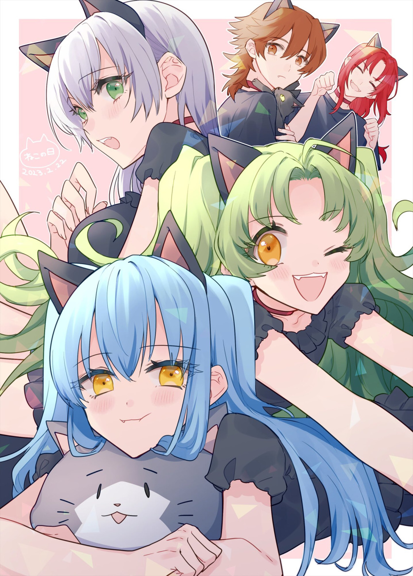 3girls :d alternate_costume animal_ears blue_hair border brown_eyes brown_hair cat_ears closed_mouth commentary_request curtained_hair eiyuu_densetsu elie_macdowell fake_animal_ears fang grey_hair highres kea_(eiyuu_densetsu) lloyd_bannings long_hair medium_hair mishy multiple_girls one_eye_closed open_mouth outside_border paw_pose pink_background randolph_orlando red_hair sano_(merrymerry) smile teeth tio_plato twintails upper_teeth_only white_border yellow_eyes zero_no_kiseki