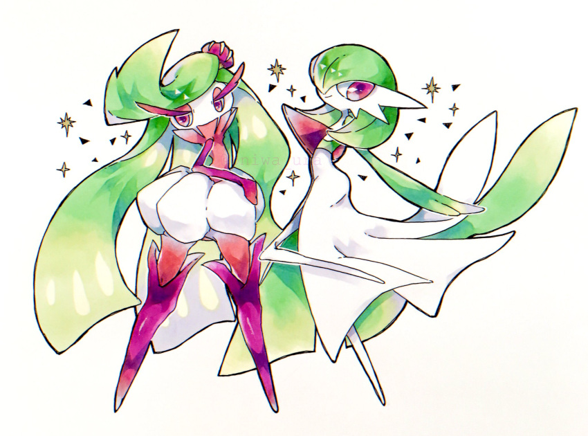 boots colored_skin dress eyelashes gardevoir green_hair highres long_hair looking_at_viewer multicolored_skin pink_eyes pink_skin pokemon pokemon_(creature) reira_(r-suoh) simple_background smile sparkle thigh_boots tsareena two-tone_skin white_background white_dress white_skin