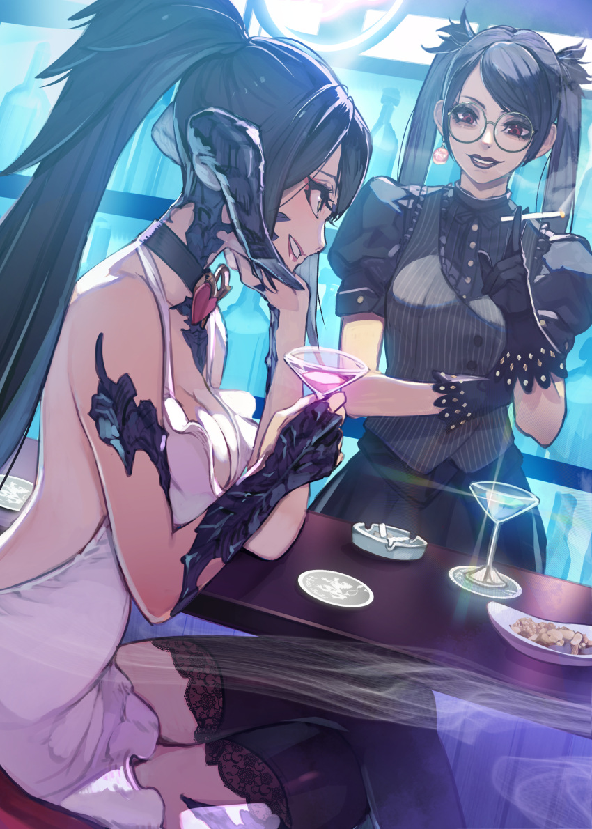 2girls absurdres ashtray au_ra bar_(place) black_gloves black_thighhighs brown_eyes choker cigarette cocktail_glass crossed_legs cup dragon_horns dress drinking_glass earrings final_fantasy final_fantasy_xiv glasses gloves halterneck heart heart_choker hide_(hideout) highres holding holding_cigarette horns hyur jewelry lips long_hair multiple_girls open_mouth ponytail puffy_short_sleeves puffy_sleeves red_eyes round_eyewear scales short_sleeves thighhighs twintails warrior_of_light_(ff14) white_dress