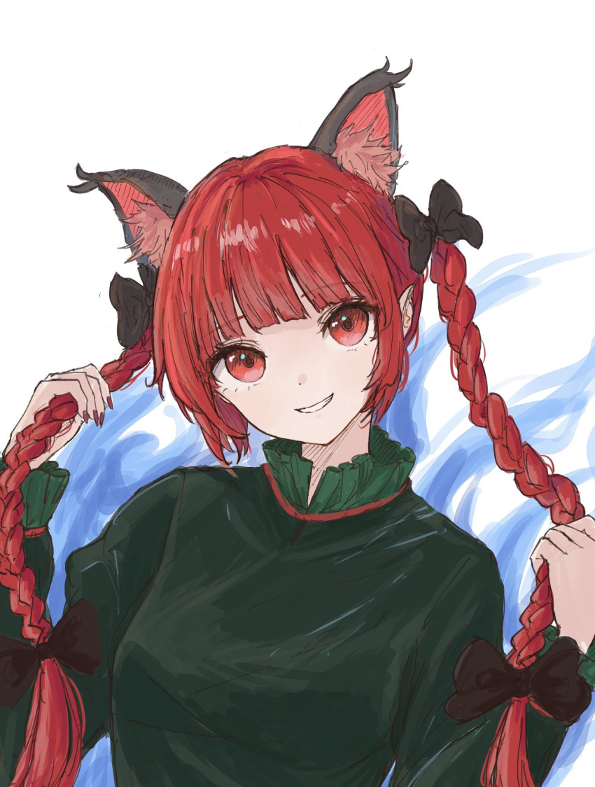 1girl animal_ears black_bow bow breasts cat_ears cat_girl dress green_dress hair_bow highres kaenbyou_rin kashiwada_kiiho looking_at_viewer multiple_hair_bows red_eyes red_hair sketch smile solo touhou twintails white_background