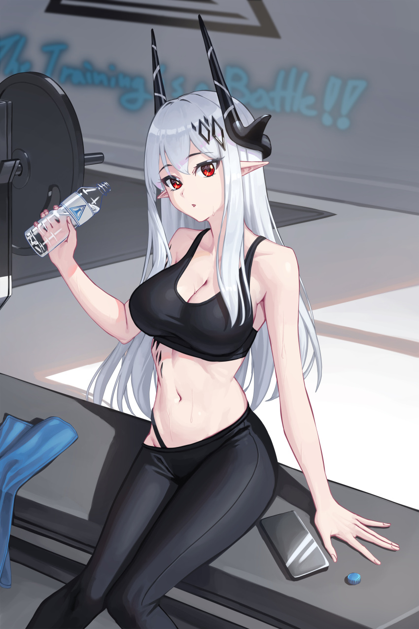1girl absurdres arknights bare_arms bare_shoulders black_pants bottle bowlp breasts cleavage commentary crop_top feet_out_of_frame highres holding holding_bottle large_breasts leggings long_hair looking_at_viewer midriff mudrock_(arknights) navel pants parted_lips pointy_ears red_eyes rhodes_island_logo_(arknights) sitting solo sports_bra stomach very_long_hair water_bottle white_hair
