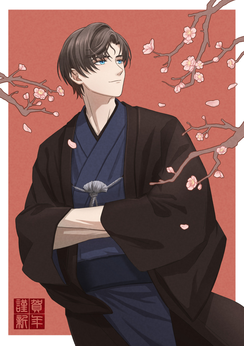 1boy absurdres artem_wing_(tears_of_themis) bel_3001 black_hair blue_eyes blue_kimono branch brown_background closed_mouth commentary_request flower hands_in_opposite_sleeves highres japanese_clothes kimono long_sleeves looking_to_the_side male_focus obi open_clothes parted_bangs petals pink_flower sash smile solo tears_of_themis two-tone_background white_background wide_sleeves