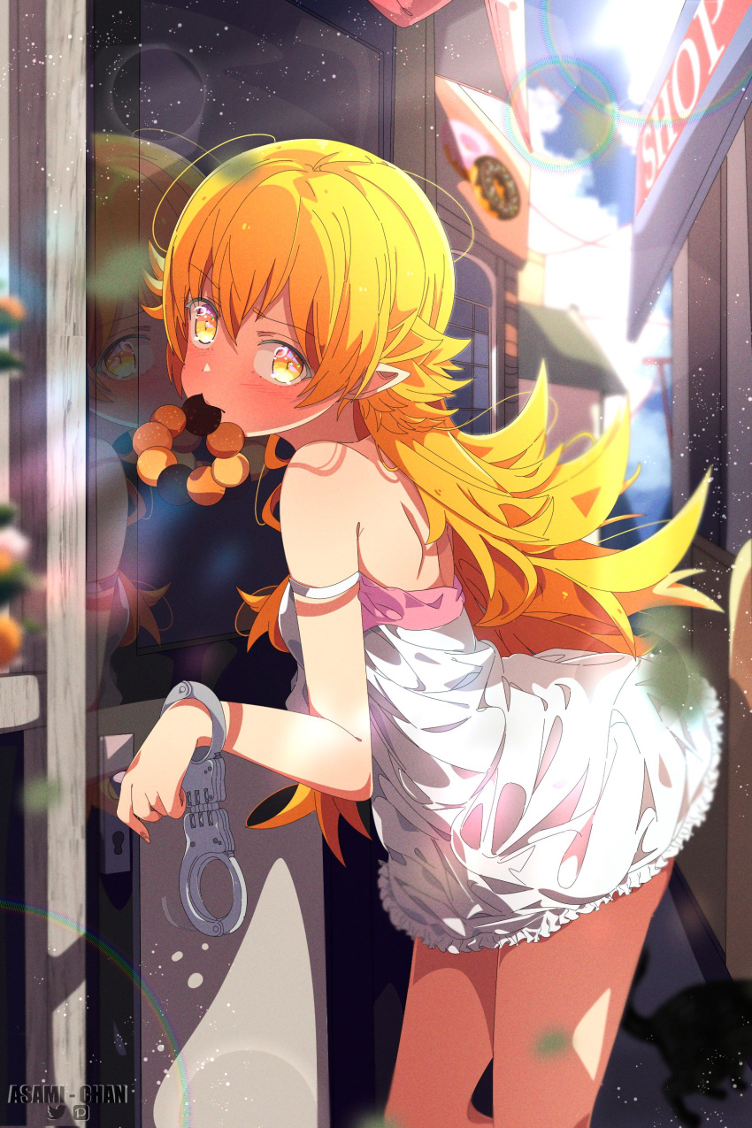 1girl absurdres artist_name asami-chan blonde_hair blurry blurry_background blush building cloud cuffs door dress food_in_mouth hair_between_eyes handcuffs highres long_hair monogatari_(series) oshino_shinobu pointy_ears reflection shadow shoulder_blades sky solo strap_slip white_dress