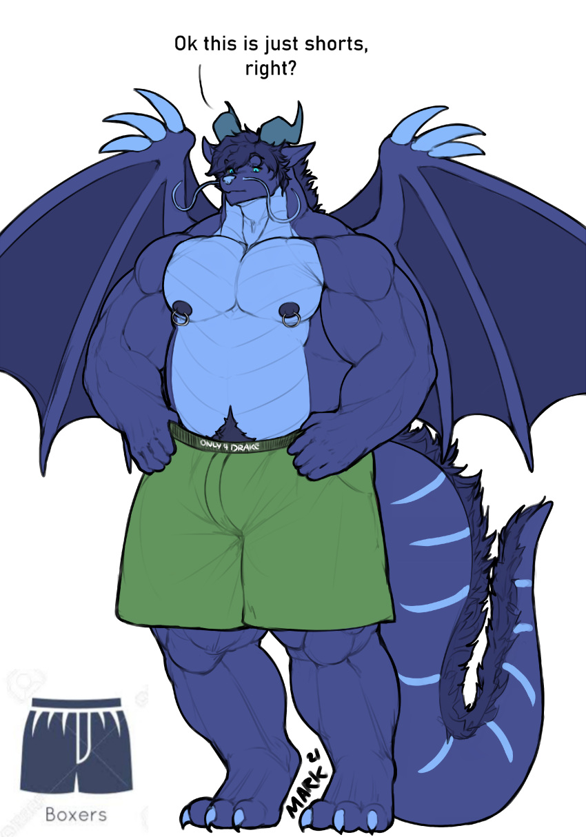 absurd_res anthro barazoku belly belly_scales blue_body blue_eyes boxers_(clothing) bulge christopher_wyvern claws clothed clothing dialogue dragon green_clothing hands_on_hips hi_res male markings marvolk membrane_(anatomy) membranous_wings musclegut muscular mythological_creature mythological_scalie mythology nipple_fetish nipple_piercing nipples partially_clothed pecs piercing pubes scales scalie slightly_chubby slightly_chubby_male solo tail tail_markings tail_tuft thick_thighs tuft underwear wing_claws wings