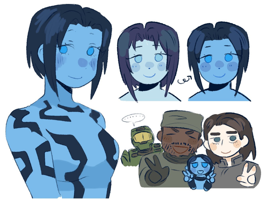 ... 2boys 2girls armor black_gloves blue_eyes blue_skin blush brown_hair colored_skin cortana english_commentary facial_hair gloves goatee_stubble green_hat green_helmet grey_jacket hair_behind_ear halo_(series) halo_2 hoshizora_lone jacket looking_at_viewer looking_to_the_side master_chief mini_person minigirl miranda_keyes multiple_boys multiple_girls multiple_views power_armor sergeant_johnson short_hair smile spartan_(halo) spoken_ellipsis stubble v v-shaped_eyebrows