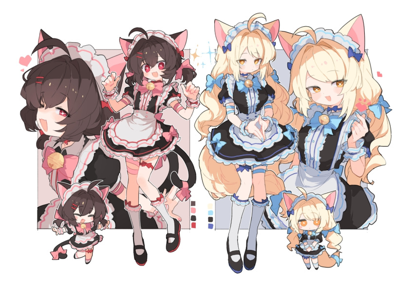 2girls :3 :d ^_^ ahoge animal_ears apron bell black_dress black_footwear blonde_hair blue_bow blue_bowtie blue_choker blue_nails bow bow_choker bowtie brown_hair cat_ears cat_girl cat_tail chibi chibi_inset choker closed_eyes collared_dress color_guide commission cross-shaped_pupils dress dress_bow frilled_apron frilled_dress frilled_socks frills full_body hair_bow hair_intakes hair_ornament hairpin half-closed_eyes hands_up heart jingle_bell kasa_(hitori_sanka) kneehighs long_hair looking_at_viewer maid_headdress mary_janes multiple_girls multiple_tails multiple_views nail_polish neck_bell open_mouth original outstretched_arms own_hands_together paw_pose pink_bow pink_bowtie puffy_short_sleeves puffy_sleeves red_eyes shoes short_hair short_sleeves short_twintails simple_background skeb_commission smile socks sparkle spread_arms standing symbol-shaped_pupils tail tail_bow tail_ornament thigh_strap twintails two_tails v_arms waist_apron wavy_hair white_apron white_background white_socks wrist_cuffs yellow_eyes