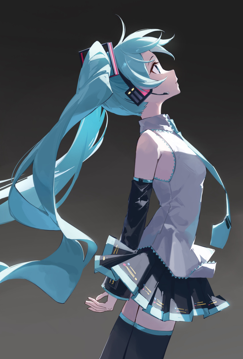 1girl aqua_eyes aqua_hair aqua_necktie black_footwear black_skirt black_sleeves boots closed_mouth collared_shirt commentary detached_sleeves from_side gradient_background grey_shirt hair_ornament hatsune_miku headphones headset highres long_hair miku_day necktie pleated_skirt rakugaki_ningen shirt simple_background skirt sleeveless sleeveless_shirt solo standing thigh_boots tie_clip twintails very_long_hair very_long_sleeves vocaloid