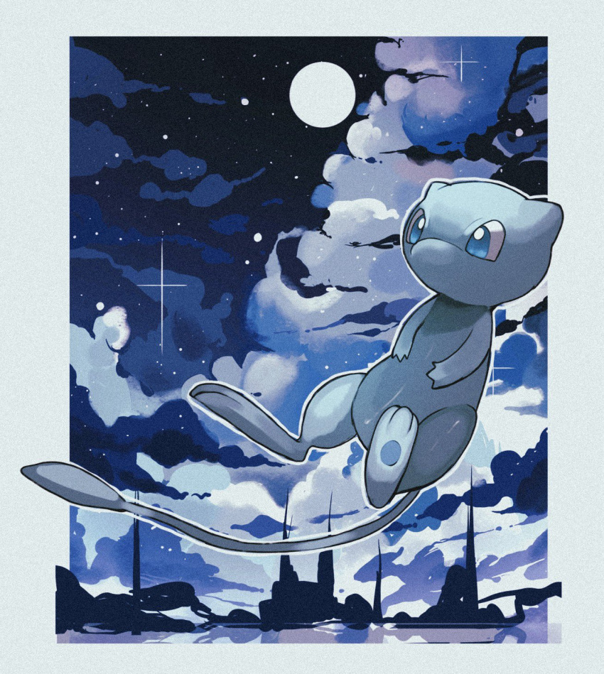 alternate_color blue_background blue_eyes blue_skin border cloud colored_skin commentary commentary_request floating full_moon highres mew_(pokemon) moon night night_sky no_humans outside_border pawpads pokemon pokemon_(creature) reo_(mmocc123) shiny_pokemon sky sparkle star_(sky) tail white_border
