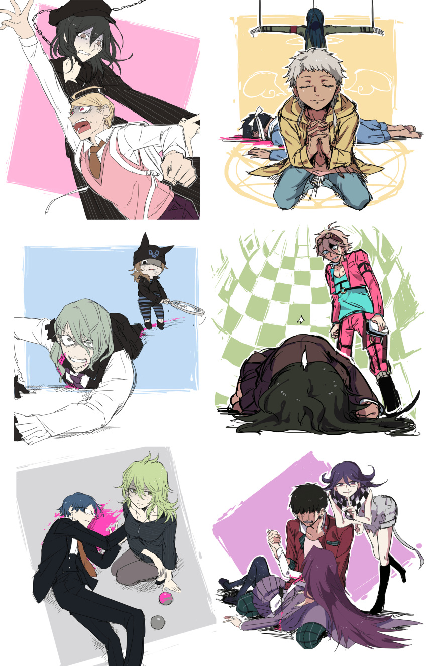 absurdres ahoge akamatsu_kaede amami_rantaro angel_wings animal_ear_headwear animal_ears antenna_hair arm_belt arm_on_shoulder armband arrow_(projectile) backpack bag ball bandaged_hand bandages bare_arms bare_pectorals bare_shoulders barefoot beanie belt black_belt black_collar black_corset black_eyes black_footwear black_gloves black_hair black_hat black_jacket black_pants black_scarf black_skirt black_sleeves black_vest blazer blonde_hair blood blood_on_clothes blood_trail blue_eyes blue_hair blue_pants blue_pantyhose blue_shirt blue_sleeves boots bow brown-framed_eyewear brown_hair brown_jacket brown_necktie brown_skirt brown_sleeves buttons cabbie_hat cat_ears chabashira_tenko chain checkered_clothes checkered_scarf chest_belt clenched_teeth closed_eyes closed_mouth collar collared_jacket corset crawling cropped_jacket crucifixion crying crying_with_eyes_open danganronpa_(series) danganronpa_v3:_killing_harmony dark-skinned_female dark-skinned_male dark_skin denim denim_shorts double-breasted evil_smile expressionless eyelashes eyes_visible_through_hair fake_animal_ears finger_to_own_chin frilled_vest frills gakuran genderswap genderswap_(ftm) genderswap_(mtf) gloves goggles goggles_on_head gokuhara_gonta green_eyes green_hair green_jacket grey_shirt grey_shorts hair_between_eyes hair_bow hair_over_eyes hair_over_face hair_over_one_eye hair_spread_out halo harukawa_maki hat head-mounted_display high_collar high_heel_boots high_heels highres holding holding_goggles holding_hands holding_tennis_racket hood hood_down hooded_jacket hoshi_ryoma imoni_(1110) injury interlocked_fingers iruma_miu jacket jewelry knee_boots kneeling lap_pillow leaning_forward leather leather_jacket leg_belt long_hair long_skirt long_sleeves looking_at_another lying magic_circle medium_hair miniskirt momota_kaito motion_lines multiple_belts murder navel necktie nervous_sweating no_headwear o-ring o-ring_belt oma_kokichi on_back on_side open_clothes open_jacket open_mouth orange_necktie outline outstretched_arms own_hands_clasped own_hands_together paintbrush pants pantyhose parted_bangs pectoral_cleavage pectorals pendant pink_belt pink_blood pink_jacket pink_pants pink_sleeves pink_vest pinstripe_jacket pinstripe_pattern pinstripe_skirt pleated_skirt pool_of_blood praying purple_hair purple_jacket purple_necktie purple_pants purple_skirt purple_sleeves reaching red_armband red_jacket red_sleeves ribbon role_reversal rope round_eyewear saihara_shuichi sailor_collar scarf school_uniform shaded_face shinguji_korekiyo shirogane_tsumugi shirt short_hair shorts skirt sleeveless sleeveless_shirt slippers smile smirk smoking spoilers starry_sky_print straight_hair streaming_tears striped_clothes striped_pants striped_shirt sweat tank_top tearing_up tears teeth third-party_source toes tojo_kirumi torn_clothes torn_shirt two-tone_pants two-tone_scarf v-neck vertical-striped_sleeves very_long_hair vest wet white_bag white_bow white_hair white_outline white_ribbon white_sailor_collar white_scarf white_shirt white_sleeves white_tank_top wide-eyed wings yellow_eyes yellow_jacket yellow_sleeves yonaga_angie