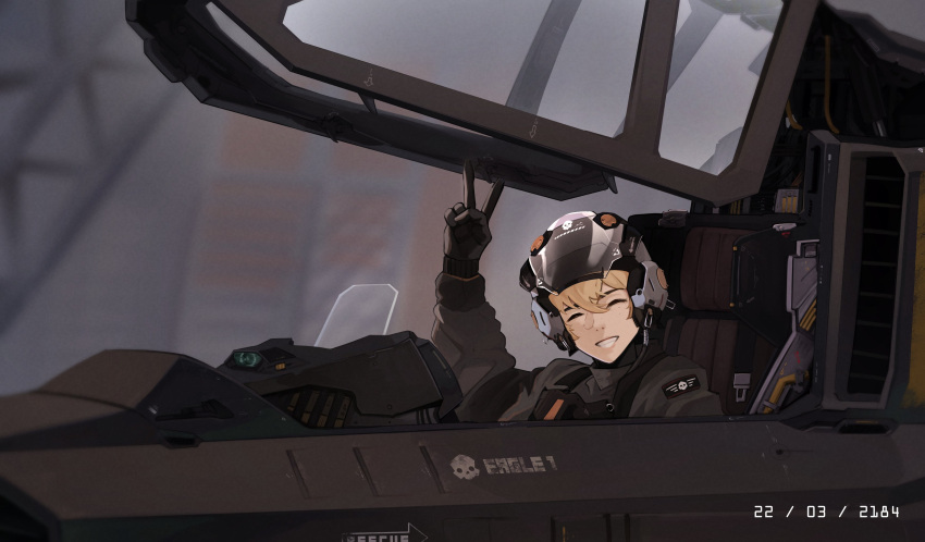 absurdres black_gloves blonde_hair closed_eyes cockpit dated eagle_1_(helldivers) english_commentary english_text glass_cockpit gloves helldivers_(series) helmet highres open_cockpit pilot_helmet pilot_suit short_hair smile teeth the_atko v