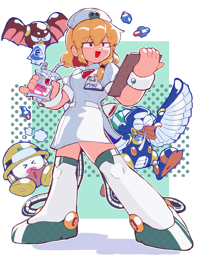 1girl absurdres android blonde_hair breasts bubble_bat cable dress drink green_background hat highres holding medium_breasts mega_man_(classic) mega_man_(series) met_(mega_man) nurse nurse_cap red_eyes robot_girl roll_(mega_man) short_hair srnhuyuno stitched_face stitches thighhighs white_dress white_thighhighs