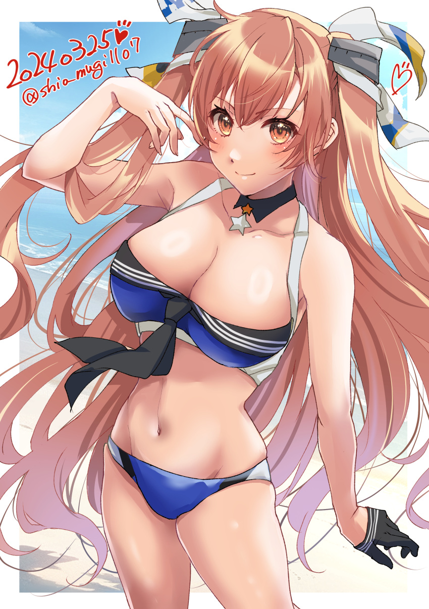 1girl absurdres beach bikini blue_bikini blue_sky breasts brown_eyes cleavage cloud cloudy_sky collarbone dated gloves highres johnston_(kancolle) kantai_collection light_brown_hair long_hair looking_at_viewer medium_breasts navel ocean off_shoulder outdoors shiomugi_(shio_mugi1107) sky solo swimsuit twitter_username two_side_up water