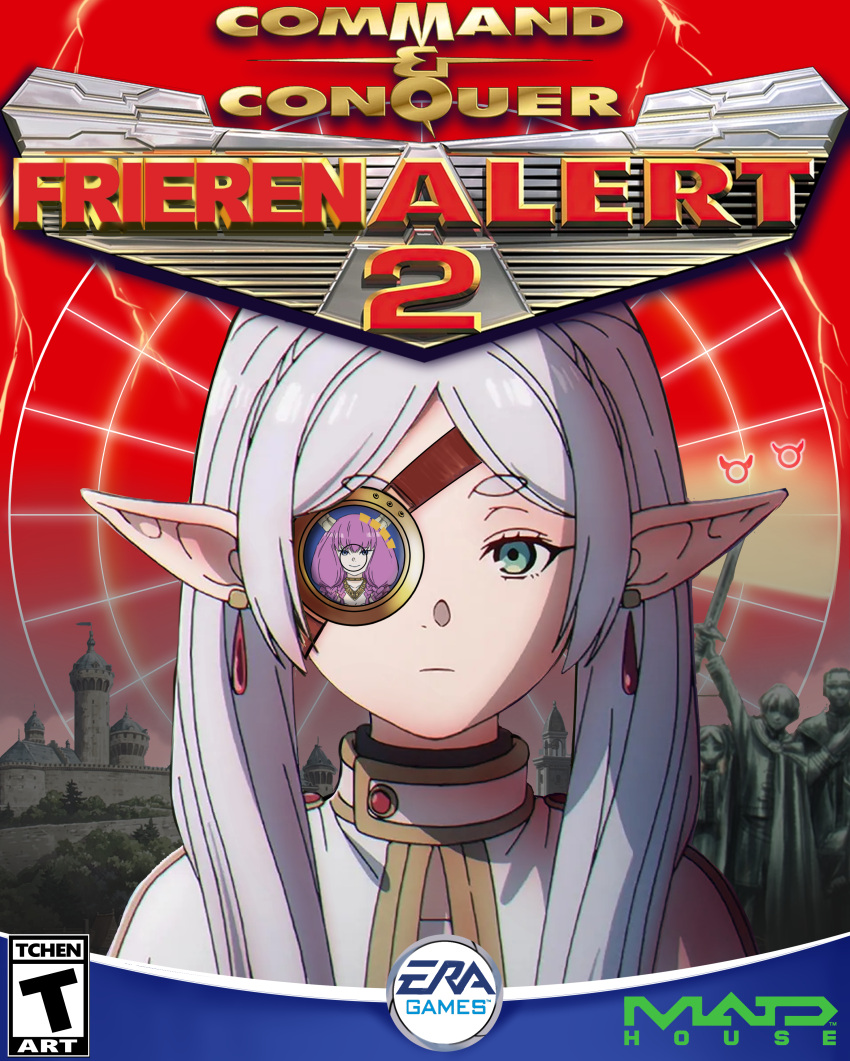 2girls absurdres aura_(sousou_no_frieren) braid brand_name_imitation cameo capelet command_and_conquer:_red_alert_2 commentary cover electronic_arts elf english_commentary english_text esrb eyepatch fake_cover frieren green_eyes grey_hair hair_between_eyes heiter highres himmel_(sousou_no_frieren) long_hair long_sleeves looking_at_viewer madhouse multiple_girls parody parted_bangs pointy_ears purple_hair reflection sidelocks sousou_no_frieren statue tchenart thick_eyebrows video_game_cover white_capelet