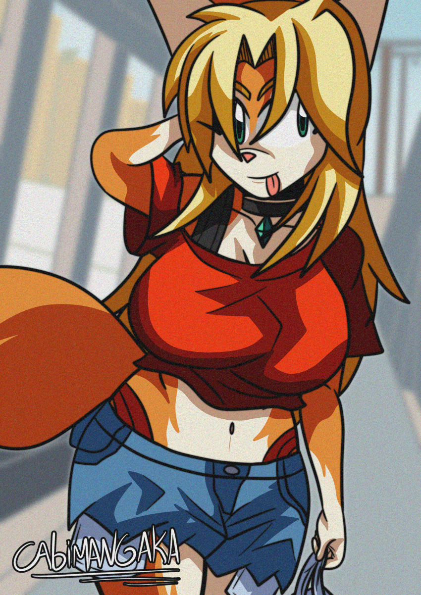 absurd_res anthro big_breasts blep blonde_hair blue_bottomwear blue_clothing blue_shorts bottomwear breasts cabimangaka canid canine clothed clothing collar denim denim_bottomwear denim_clothing english_text female fox fur green_eyes hair hand_behind_head hi_res long_hair mammal multicolored_body multicolored_fur nana_(cyborg-steve) shaded shorts signature solo text tongue tongue_out true_fox two_tone_body two_tone_fur wide_hips