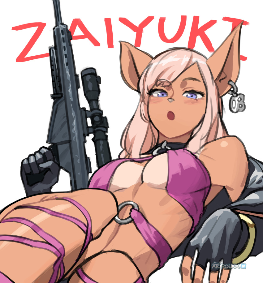1girl absurdres animal_ears atoroux bikini_tan black_gloves black_jacket blonde_hair breasts choker cleavage earrings fingerless_gloves genderswap genderswap_(mtf) gloves highres holding holding_weapon jacket jewelry journey_to_the_west leather leather_jacket lingerie long_hair looking_at_viewer lying midriff o-ring o-ring_choker on_back open_clothes open_mouth pig_ears pig_girl pig_nose rose_(zaiyuki) single_earring tan tanlines text_background underwear weapon zaiyuki zhu_bajie