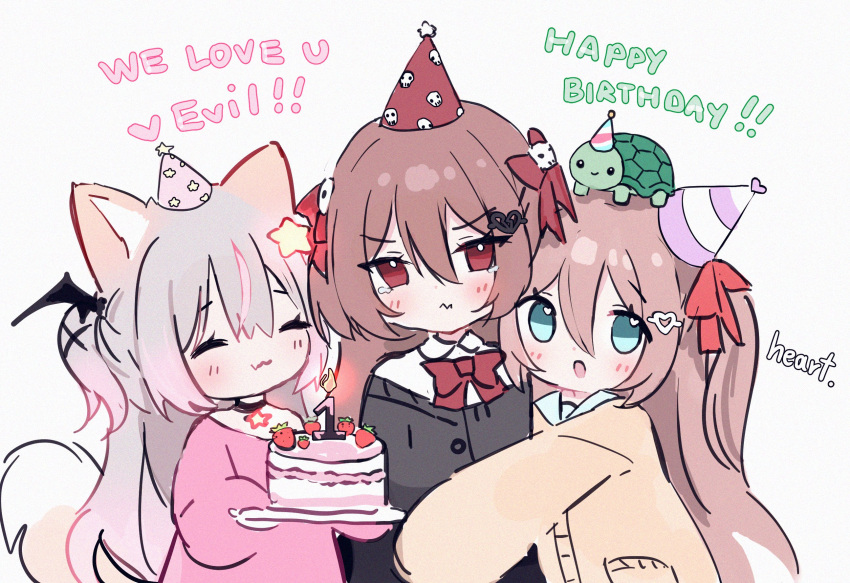 animal_ears annytf anyuu birthday bow cake evil_neuro-sama food hair_ornament heart heart_hair_ornament highres hug indie_virtual_youtuber neuro-sama red_bow spoken_heart twintails vedal987 virtual_youtuber