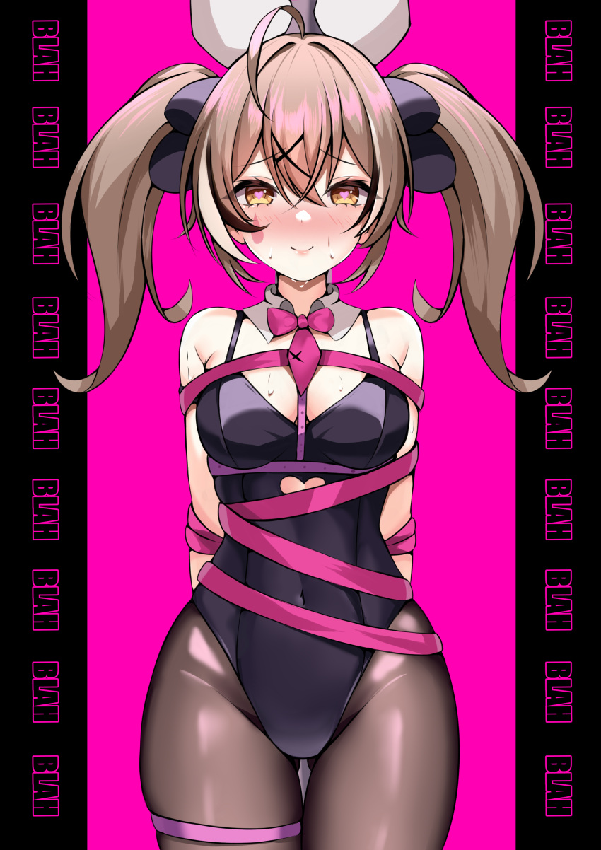1girl absurdres ahoge animal_ears ass_visible_through_thighs black_pantyhose blush bound bow bowtie breasts brown_eyes brown_hair covered_navel detached_collar heart heart-shaped_pupils highres hololive hololive_english medium_breasts nanashi_mumei panpanmc4 pantyhose pink_background pink_bow pink_bowtie playboy_bunny rabbit_ears rabbit_hole_(vocaloid) ribbon ribbon_bondage sweat symbol-shaped_pupils twintails virtual_youtuber