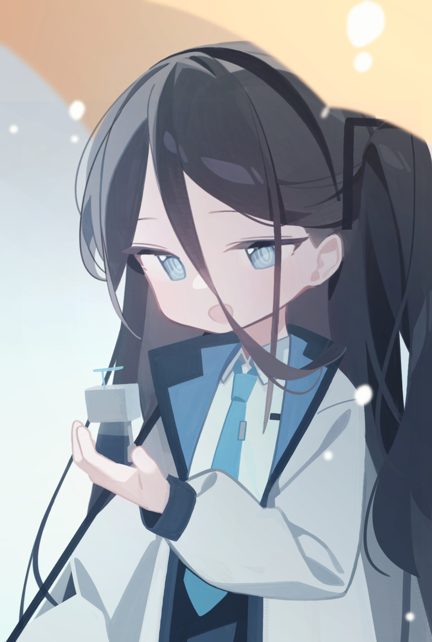 &lt;key&gt;_(robot)_(blue_archive) 1girl absurdly_long_hair aris_(blue_archive) black_hair black_hairband blue_archive blue_eyes blue_necktie collared_shirt doribae hairband highres jacket long_hair necktie one_side_up open_clothes open_jacket open_mouth ringed_eyes shirt smile solo umbrella very_long_hair white_jacket white_shirt