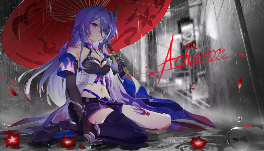 1girl absurdres acheron_(honkai:_star_rail) bare_shoulders black_footwear black_gloves black_shorts character_name commentary elbow_gloves flower gloves highres holding holding_umbrella honkai:_star_rail honkai_(series) long_hair looking_at_viewer midriff navel parted_lips purple_eyes purple_hair red_flower red_umbrella samele_otaku short_shorts shorts single_thighhigh sitting solo thighhighs umbrella very_long_hair wariza