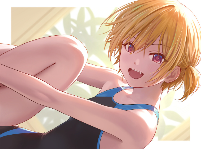 1girl alternate_hairstyle bare_shoulders black_one-piece_swimsuit blonde_hair blue_trim blush border breasts bush fang from_side hair_between_eyes hair_tie highres idolmaster idolmaster_shiny_colors knee_up looking_at_viewer nekopuchi one-piece_swimsuit one_side_up open_mouth outside_border purple_eyes saijo_juri short_hair small_breasts smile solo swimsuit teeth upper_teeth_only white_border window