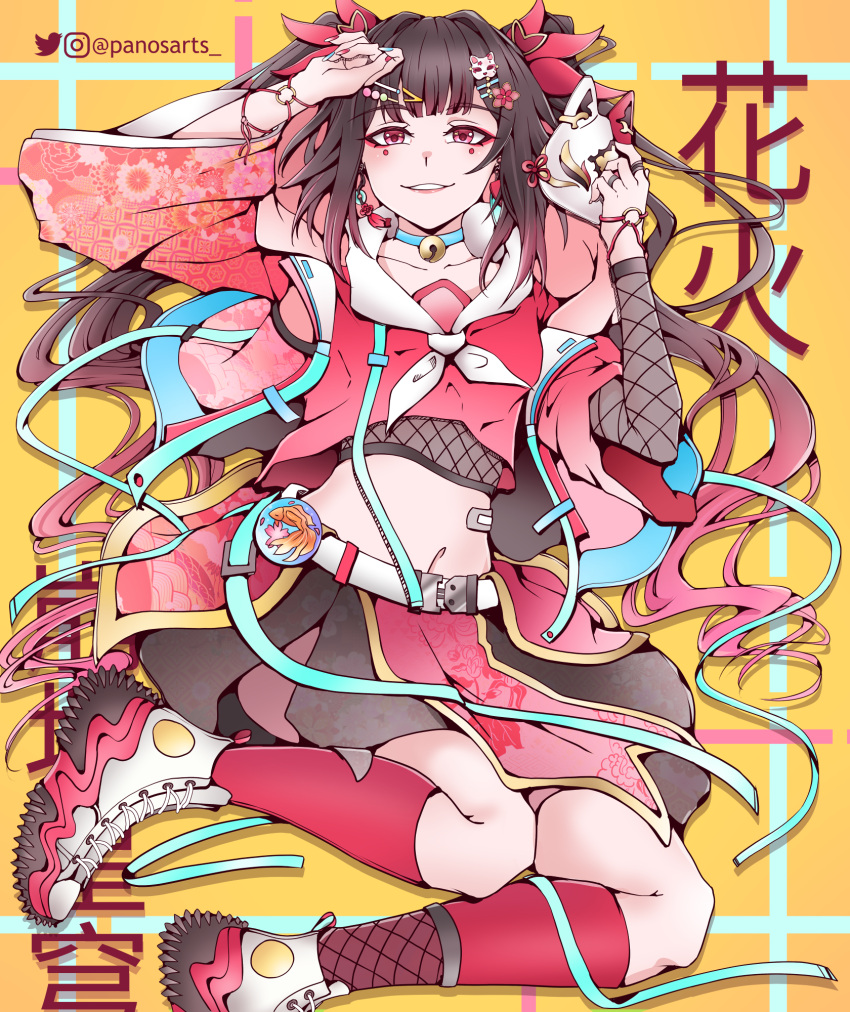 1girl :d black_skirt brown_hair commentary eyeliner fox_mask from_above gradient_hair grin hand_on_own_head highres holding holding_mask honkai:_star_rail honkai_(series) kneehighs long_bangs long_hair long_sleeves looking_at_viewer lying makeup mask midriff multicolored_hair nail_polish navel on_back open_mouth panos_(ssgpanos) pink_eyes pleated_skirt red_eyeliner red_hair red_nails red_shirt red_socks sailor_collar school_uniform serafuku shirt shoes sidelocks simple_background skirt smile socks solo sparkle_(honkai:_star_rail) stomach teeth twintails white_footwear white_sailor_collar yellow_background