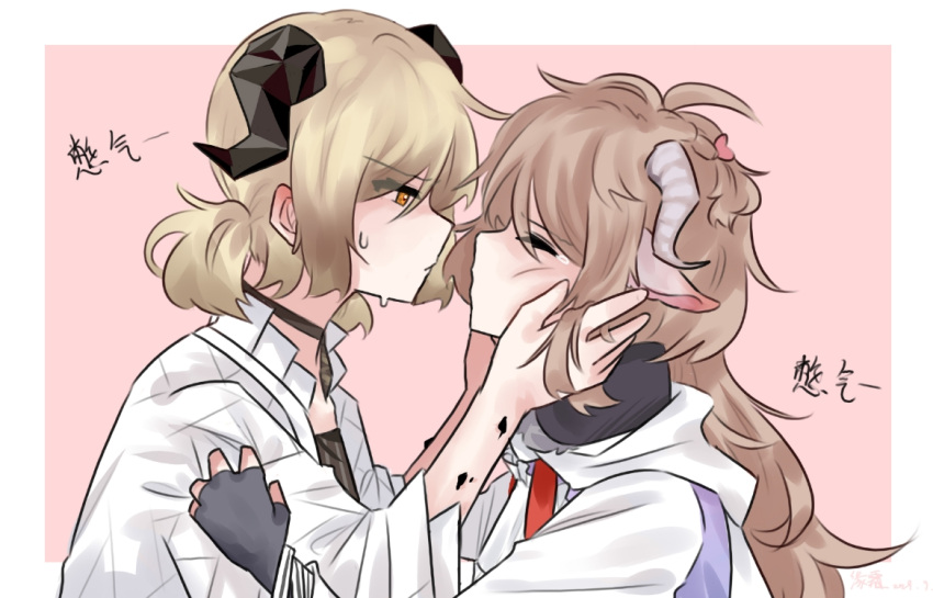 2girls animal_ears arknights blonde_hair border brown_hair cheek_squash chinese_commentary chinese_text closed_eyes commentary_request eyjafjalla_(arknights) from_side goat_ears goat_horns hand_on_another's_face horns ifrit_(arknights) imminent_kiss long_sleeves material_growth multiple_girls orange_eyes oripathy_lesion_(arknights) pink_background profile shirt short_twintails simple_background sweatdrop tearing_up tears translation_request twintails upper_body white_border white_shirt yuan_shuang yuri