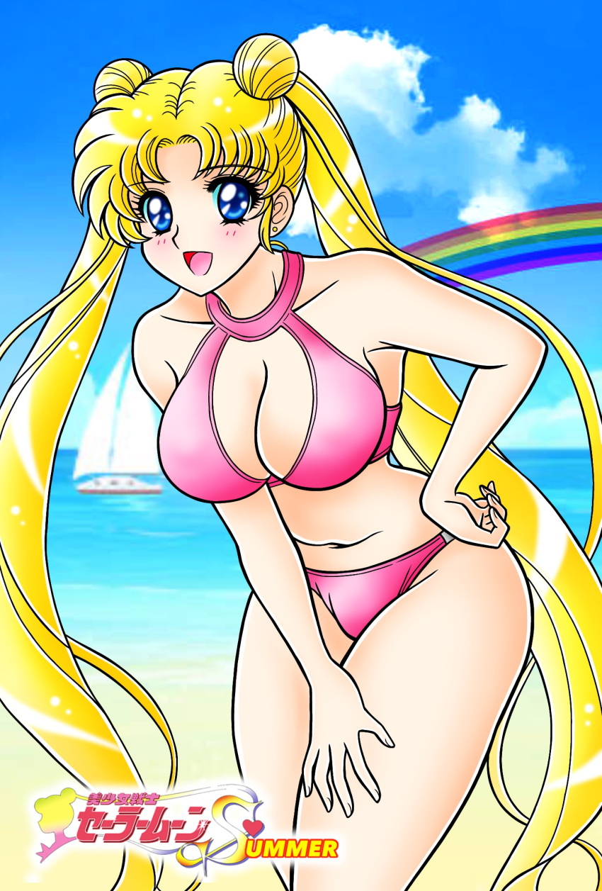 1girl beach bikini bishoujo_senshi_sailor_moon blonde_hair blue_eyes boat breasts cleavage cleavage_cutout clothing_cutout day double_bun hair_bun highres large_breasts long_hair looking_at_viewer open_mouth pink_bikini rainbow sailor_moon smile solo swimsuit tatsumi_kyouhei tsukino_usagi twintails very_long_hair watercraft