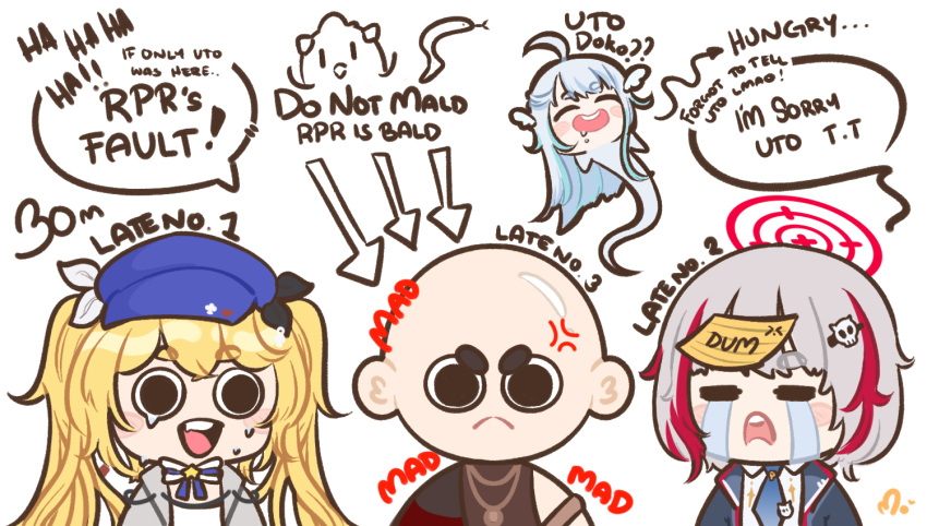 1boy 3girls amatsuka_uto angel angry bald black_skirt blonde_hair blue_hair blue_hat blue_jacket blue_necktie chibi crying dokibird_(vtuber) dtto. dtto._(2nd_costume) english_commentary hair_ornament hitominty jacket laughing multicolored_hair multiple_girls necktie red_hair reject_(esports) rpr shirt short_hair skirt skull_hair_ornament twintails utaite virtual_youtuber white_hair white_shirt