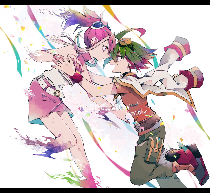 1boy 1girl absurdres ahoge belt boots commentary_request copyright_name couple dated goggles goggles_on_head green_hair green_pants hair_between_eyes hair_ornament hetero highres hiiragi_yuzu jacket jacket_on_shoulders jewelry looking_at_another miniskirt pants pendant pink_eyes pink_hair pink_skirt red_eyes red_footwear red_hair red_shirt sakaki_yuuya shirt short_twintails skirt sleeveless sleeveless_shirt tasutekete twintails white_background white_jacket white_shirt yu-gi-oh! yu-gi-oh!_arc-v