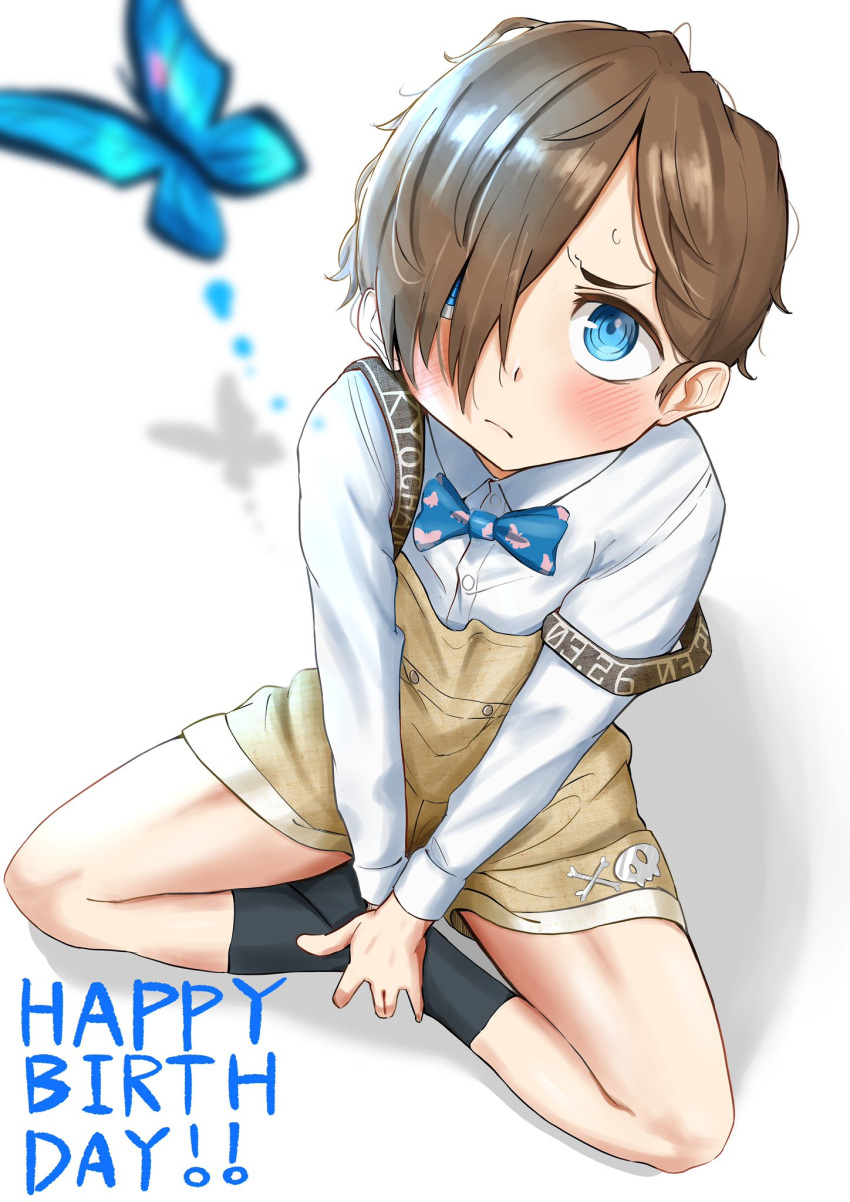 1boy black_socks blue_bow blue_bowtie blue_eyes blush boku_no_kokoro_no_yabai_yatsu bow bowtie brown_overalls bug butterfly closed_mouth collared_shirt crossed_legs hair_over_one_eye happy_birthday highres ichikawa_kyoutarou male_focus overalls ringed_eyes shirt short_hair showhey!! sitting socks solo strap_slip white_shirt