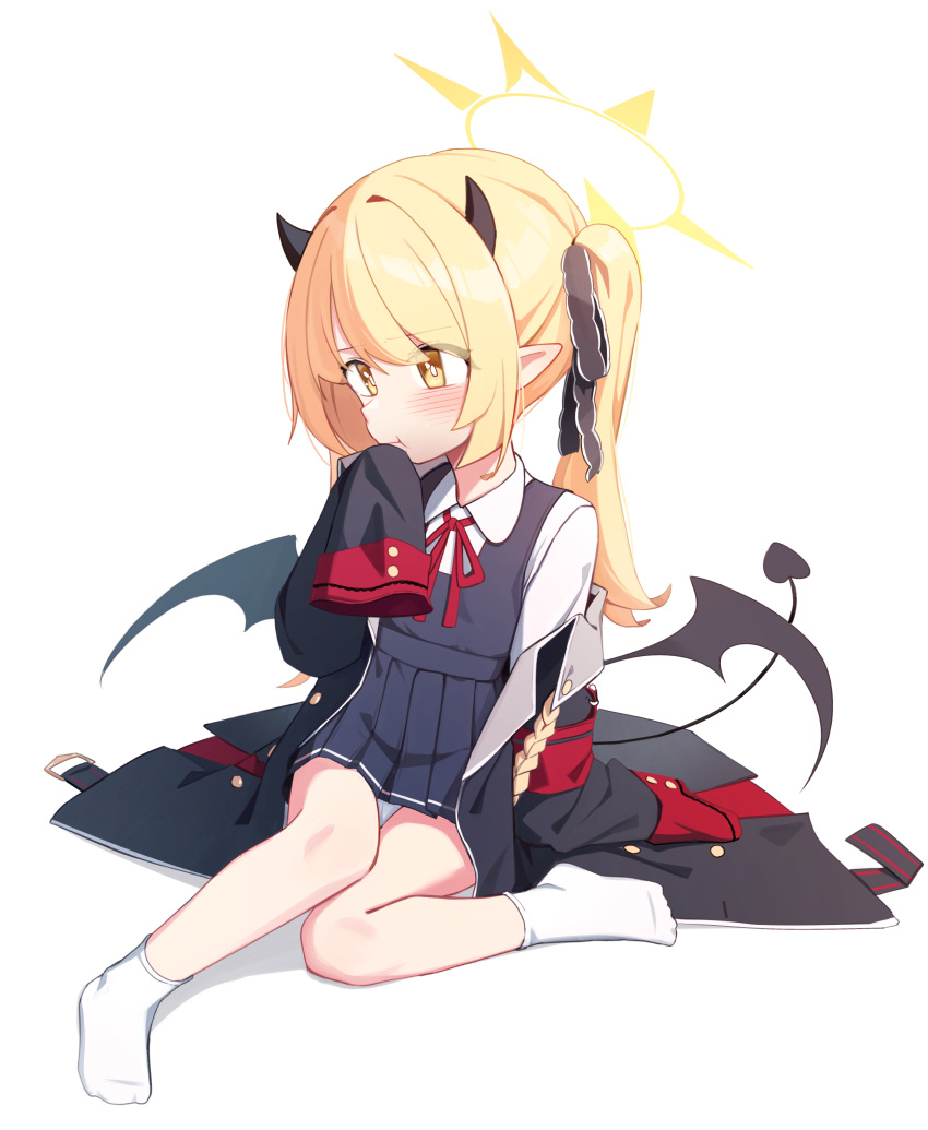 1girl absurdres black_coat black_dress black_horns black_tail black_wings blonde_hair blue_archive blush closed_mouth coat collared_shirt demon_horns demon_tail demon_wings dress full_body highres horns ibuki_(blue_archive) long_hair panties pinafore_dress pointy_ears shirt simple_background sleeveless sleeveless_dress sleeves_past_fingers sleeves_past_wrists socks solo tail underwear white_background white_panties white_shirt white_socks whonyang wings yellow_eyes
