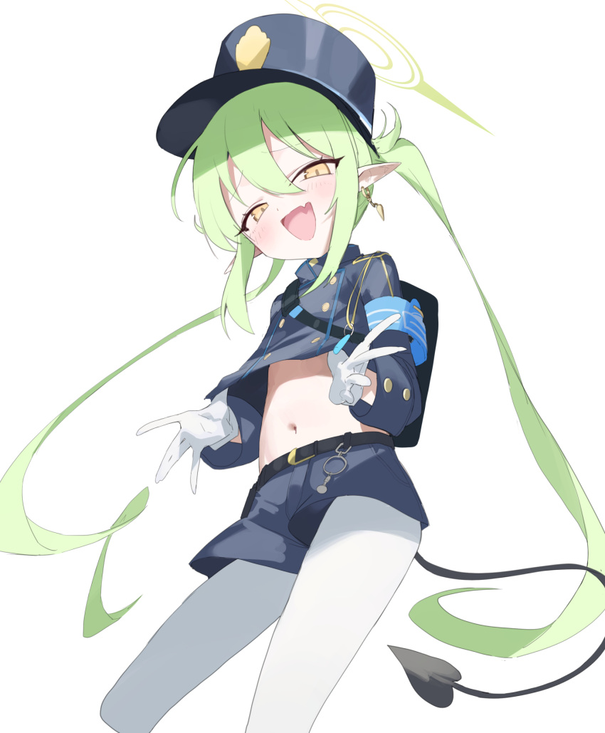 1girl belt black_belt black_hat black_shorts black_tail blue_archive blush commentary_request cropped_legs demon_tail fang flat_chest gloves green_hair hair_between_eyes hat highlander_twintails_conductor_(blue_archive) highres long_hair long_sleeves looking_at_viewer navel open_mouth pantyhose peaked_cap pointy_ears sb_lama shorts simple_background skin_fang smile solo tail twintails white_background white_gloves white_pantyhose yellow_eyes