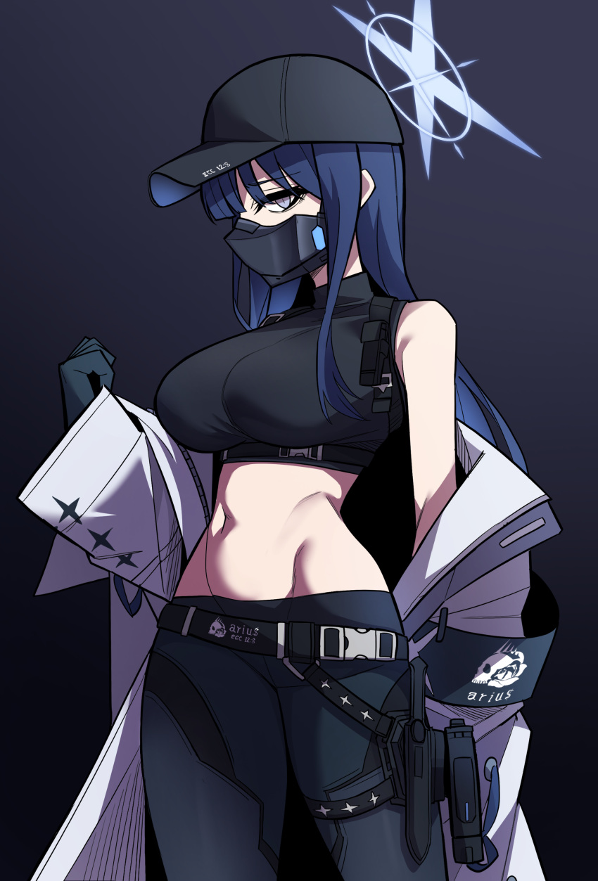 1girl absurdres bare_shoulders baseball_cap belt black_belt black_gloves black_hair black_hat black_mask black_pants black_shirt blue_archive blue_eyes blue_halo blunt_bangs breasts buckle chest_harness coat commentary_request covered_mouth cowboy_shot crop_top gloves groin halo hand_up harness hat highres knife_sheath korean_commentary large_breasts long_hair looking_at_viewer mask midriff mouth_mask navel off_shoulder open_clothes open_coat pants profile s.t.a.r_(pixiv_4451676) saori_(blue_archive) sheath shirt sleeveless sleeveless_shirt snap-fit_buckle solo standing white_coat