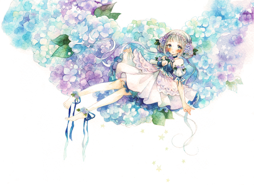 1girl ankle_flower ankle_ribbon bare_legs bare_shoulders barefoot blue_eyes blue_ribbon blunt_bangs blush braid breasts cleavage commentary_request dress eko_(ecology) floating flower full_body hair_flower hair_ornament hydrangea jewelry leaf leg_ribbon long_hair looking_at_viewer medium_breasts original painting_(medium) ribbon solo star_(symbol) traditional_media twintails watercolor_(medium)