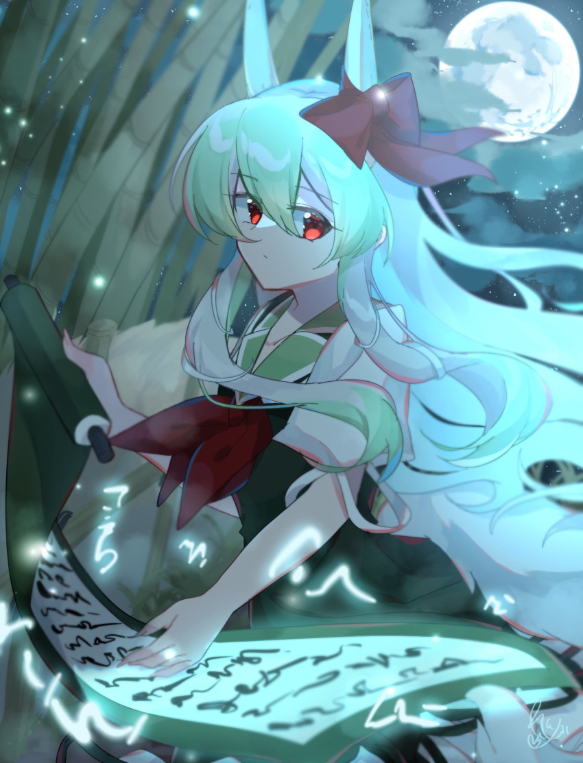 1girl bamboo bamboo_forest bow collared_dress commentary_request dress ex-keine forest full_moon green_dress green_hair highres horn_bow horn_ornament horn_ribbon horns kamishirasawa_keine long_hair moon nature neckerchief puffy_short_sleeves puffy_sleeves red_bow red_eyes red_neckerchief renge_kanatsuki ribbon scroll short_sleeves solo touhou very_long_hair white_sleeves